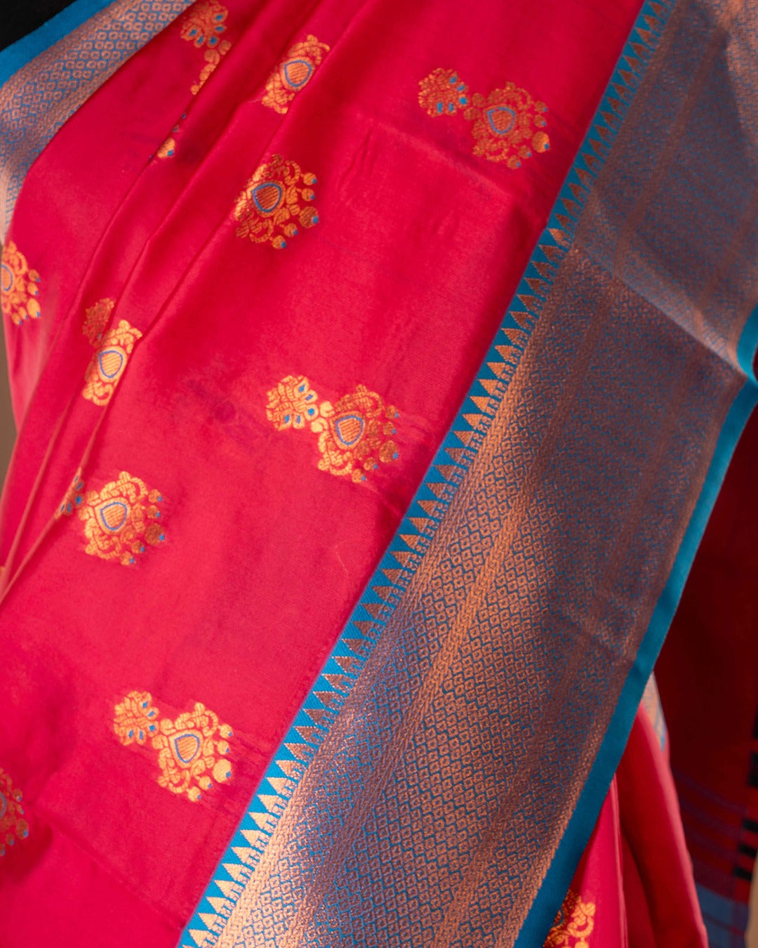 Kanya Kathaa Red Paithani Saree with Blue Zari Border & Peacock Motif Pallu