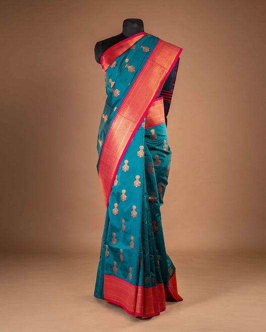 Kanya Kathaa – Teal Blue Paithani Saree with Coral Red Border & Golden Zari