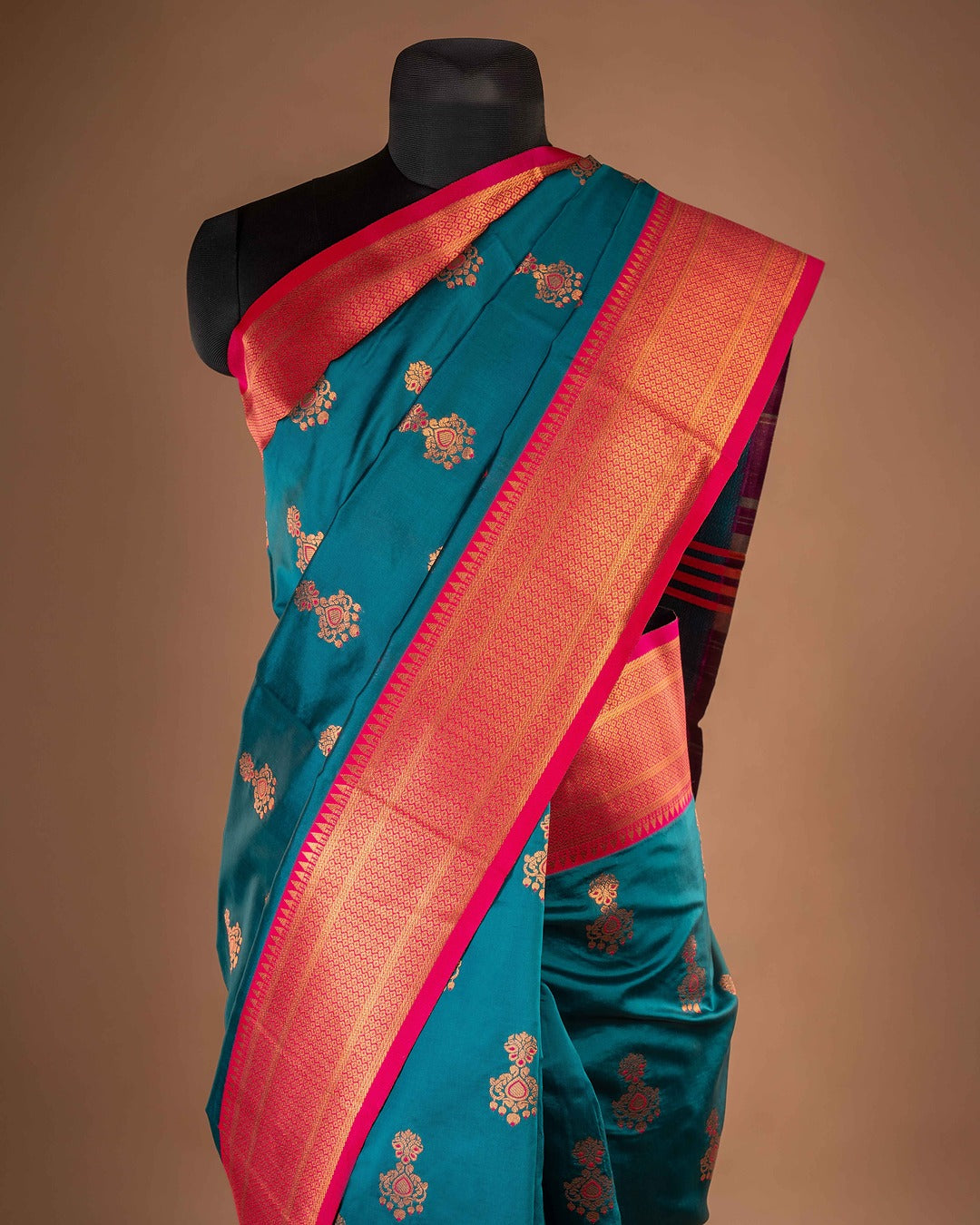 Kanya Kathaa – Teal Blue Paithani Saree with Coral Red Border & Golden Zari