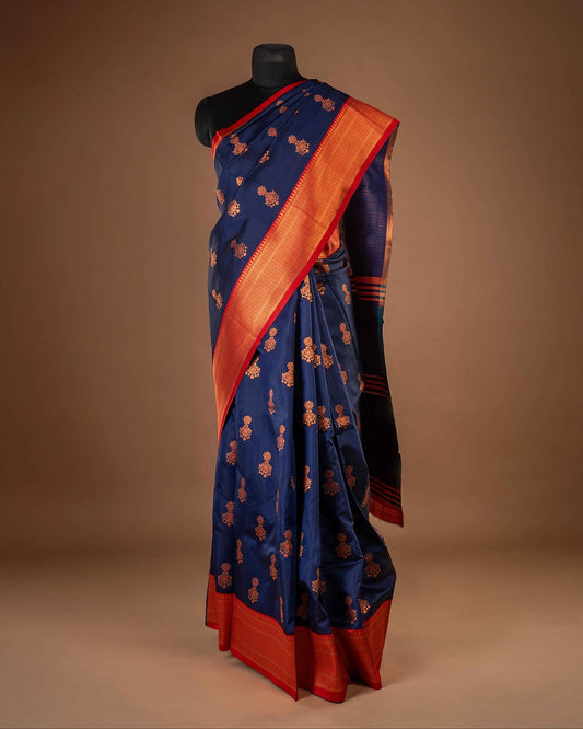 Kanya Kathaa – Navy Blue Paithani Saree with Red Border & Golden Zari