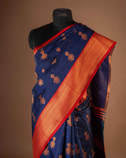 Kanya Kathaa – Navy Blue Paithani Saree with Red Border & Golden Zari