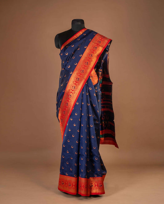 Kanya Kathaa – Royal Blue Paithani Saree with Red Border & Traditional Zari Work