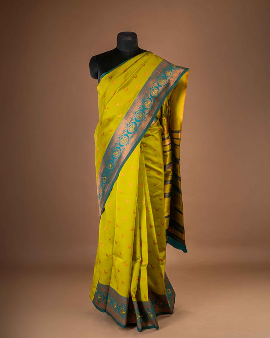 Kanya Kathaa – Lime Green Paithani Saree with Blue Border & Golden Zari