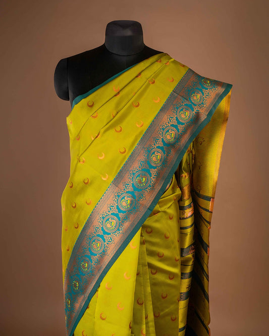 Kanya Kathaa – Lime Green Paithani Saree with Blue Border & Golden Zari