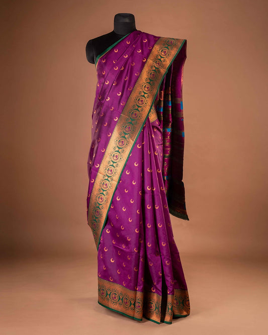 Kanya Kathaa – Magenta Paithani Saree with Green Border & Golden Zari