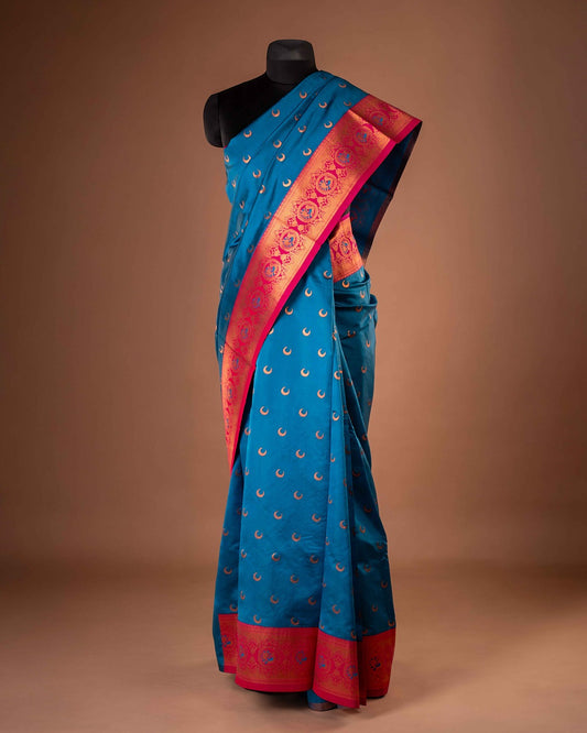 Kanya Kathaa – Peacock Blue Paithani Saree with Pink Border & Golden Zari