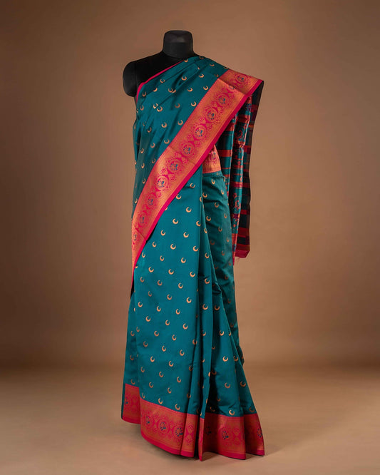 Kanya Kathaa – Teal Green Paithani Saree with Pink Border & Golden Zari