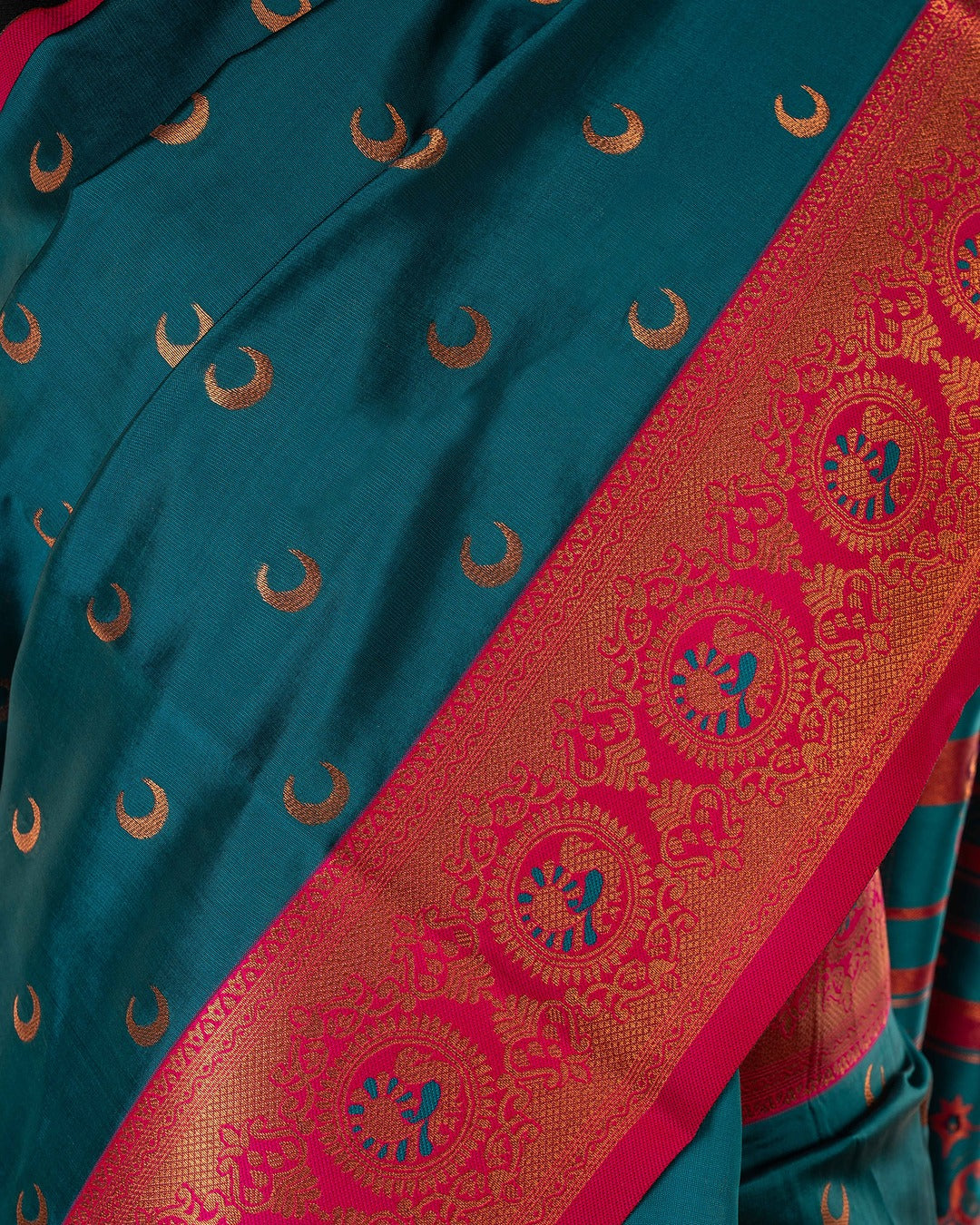 Kanya Kathaa – Teal Green Paithani Saree with Pink Border & Golden Zari