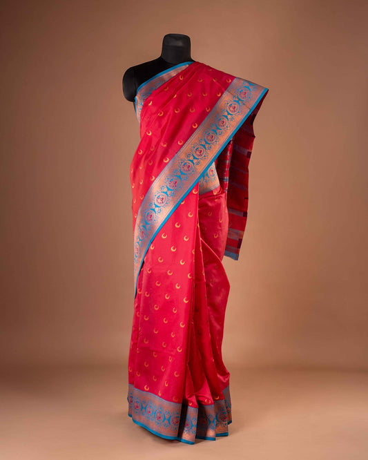Kanya Kathaa – Red Paithani Saree with Blue Border & Golden Zari