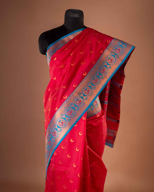 Kanya Kathaa – Red Paithani Saree with Blue Border & Golden Zari