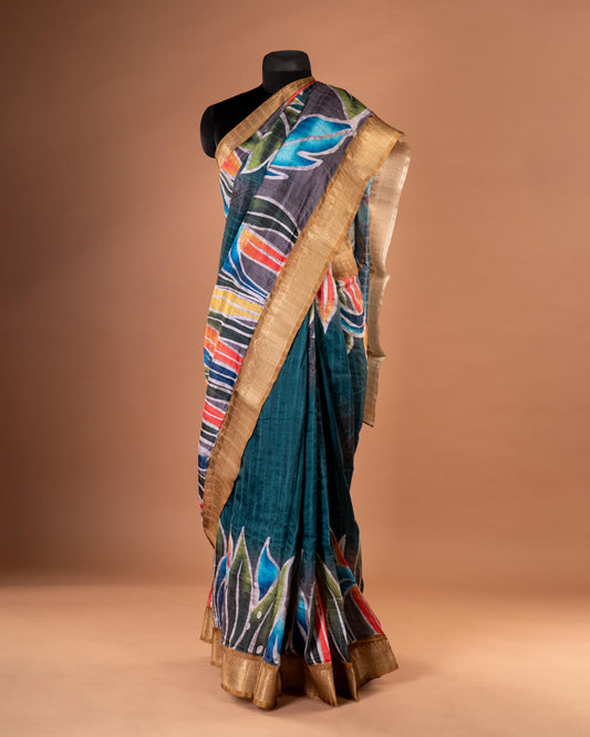 Bold Strokes of Elegance Hand-Painted Teal Saree - Where Art Meets Tradition in Every Drape