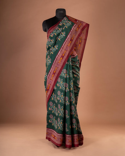 Folk Charm Revived – Green Handloom Saree with Rustic Borders