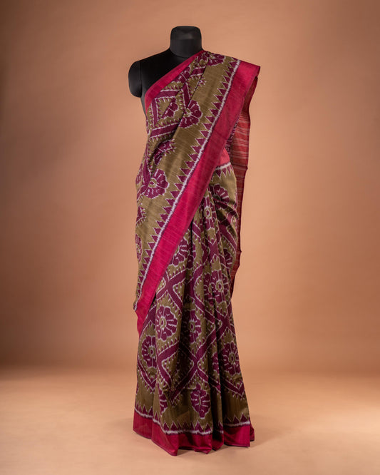 Threads of Tradition – Handcrafted Maroon & Olive Bandhani Saree