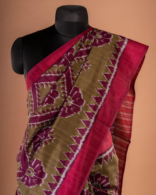 Threads of Tradition – Handcrafted Maroon & Olive Bandhani Saree