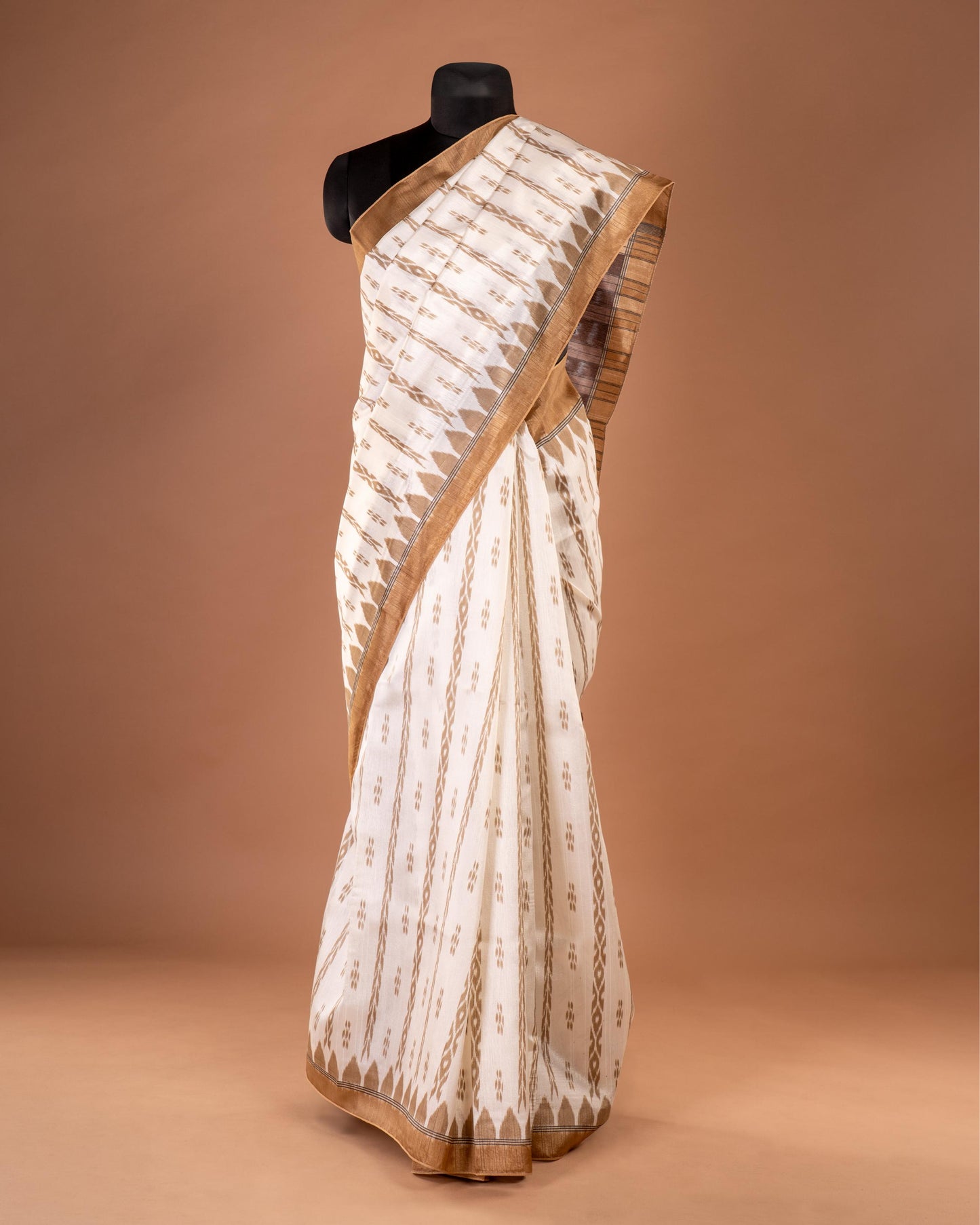 Grace in Simplicity Ivory Ikat Saree with Golden Elegance - Subtle Sophistication Woven with Heritage Charm