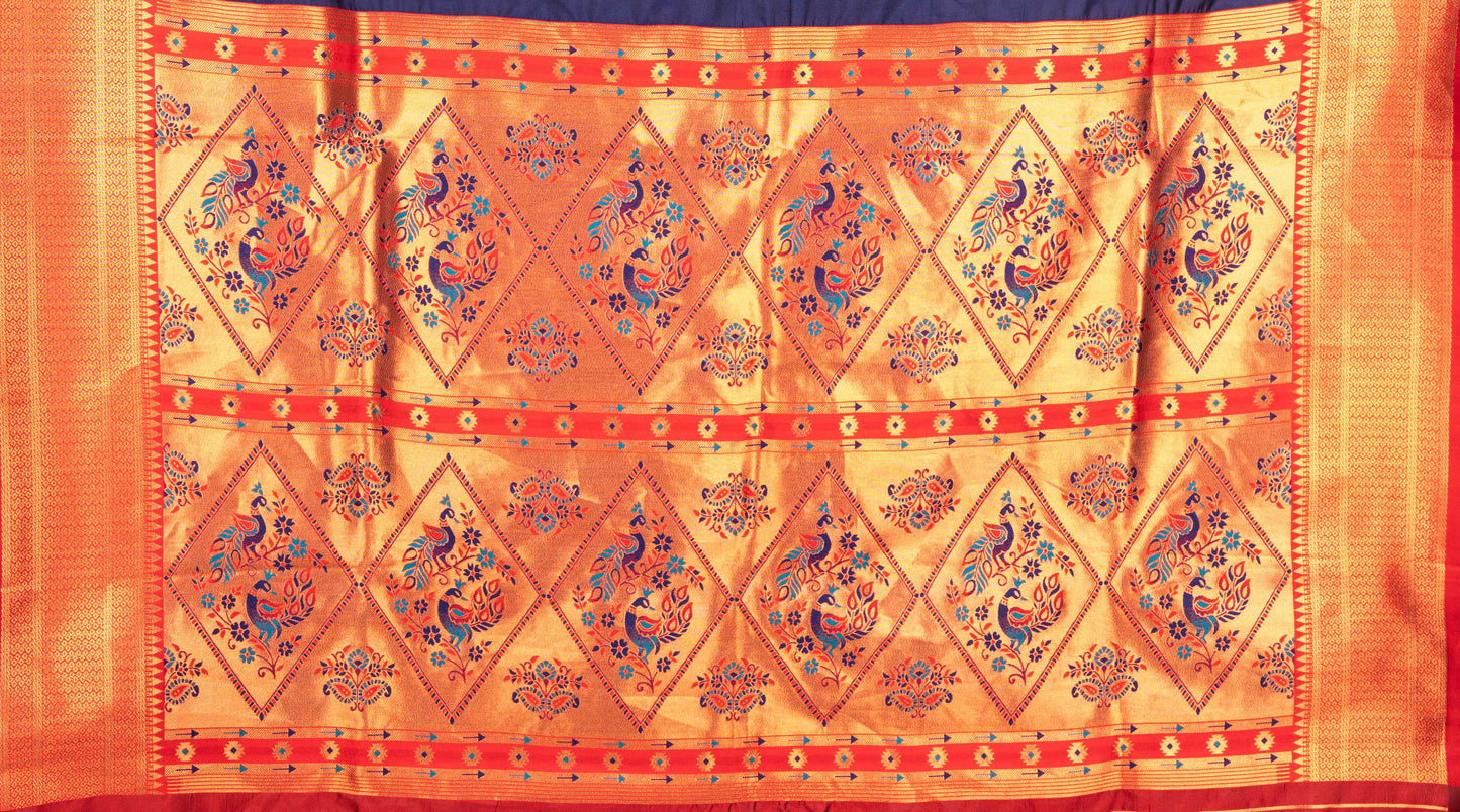 Kanya Kathaa – Navy Blue Paithani Saree with Red Border & Golden Zari