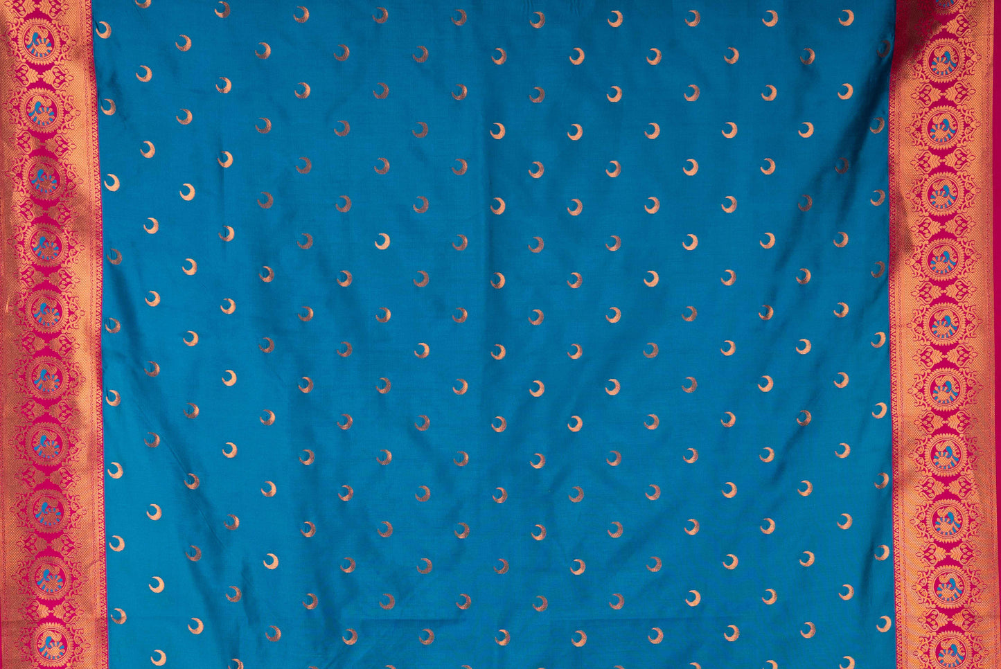 Kanya Kathaa – Peacock Blue Paithani Saree with Pink Border & Golden Zari