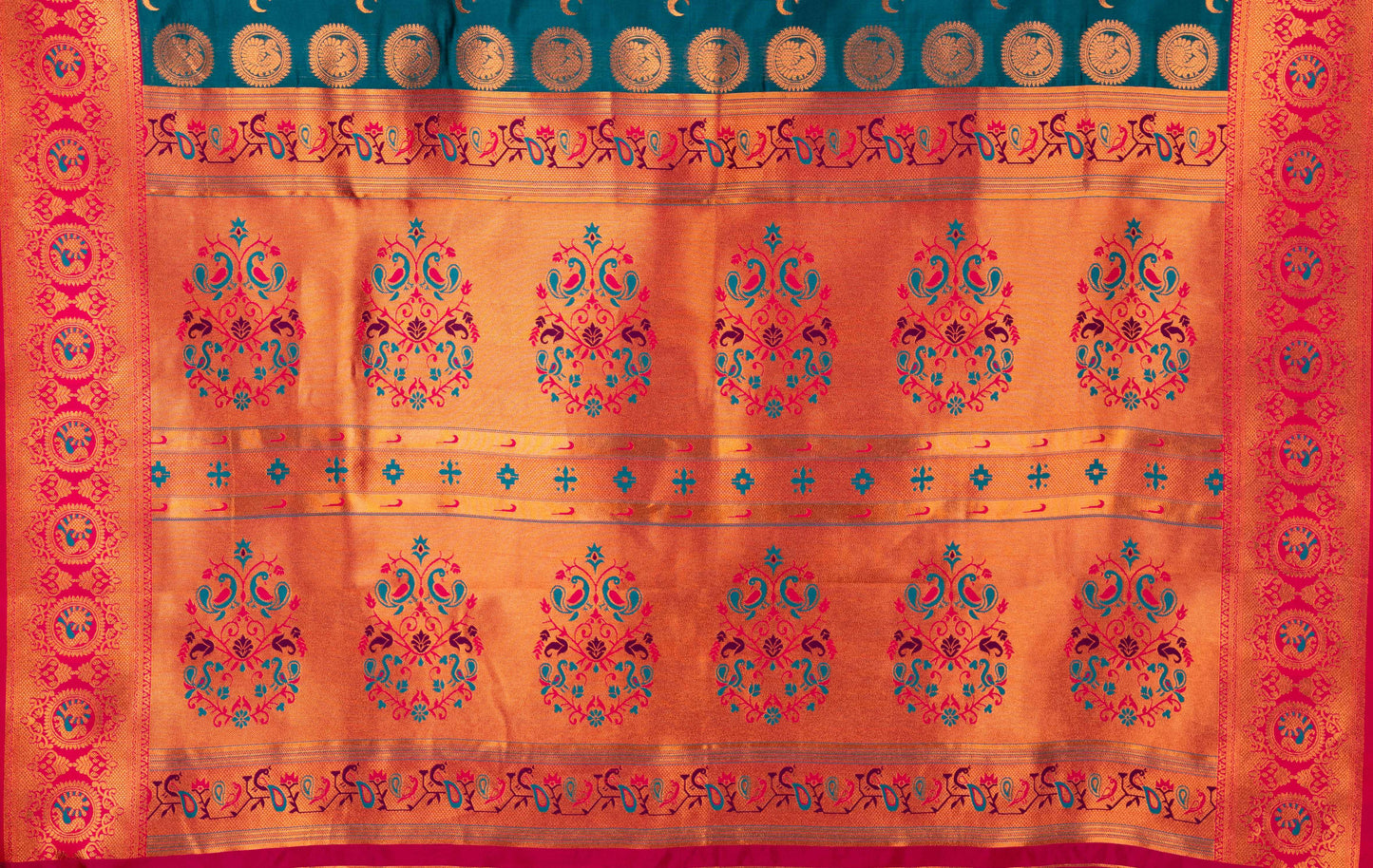 Kanya Kathaa – Teal Green Paithani Saree with Pink Border & Golden Zari