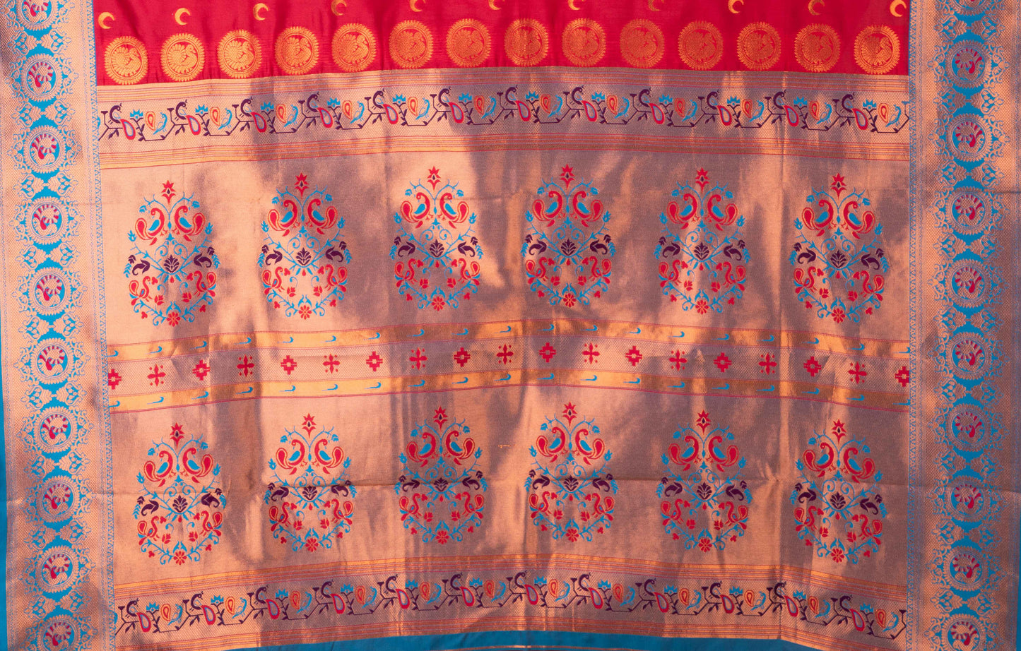 Kanya Kathaa – Red Paithani Saree with Blue Border & Golden Zari