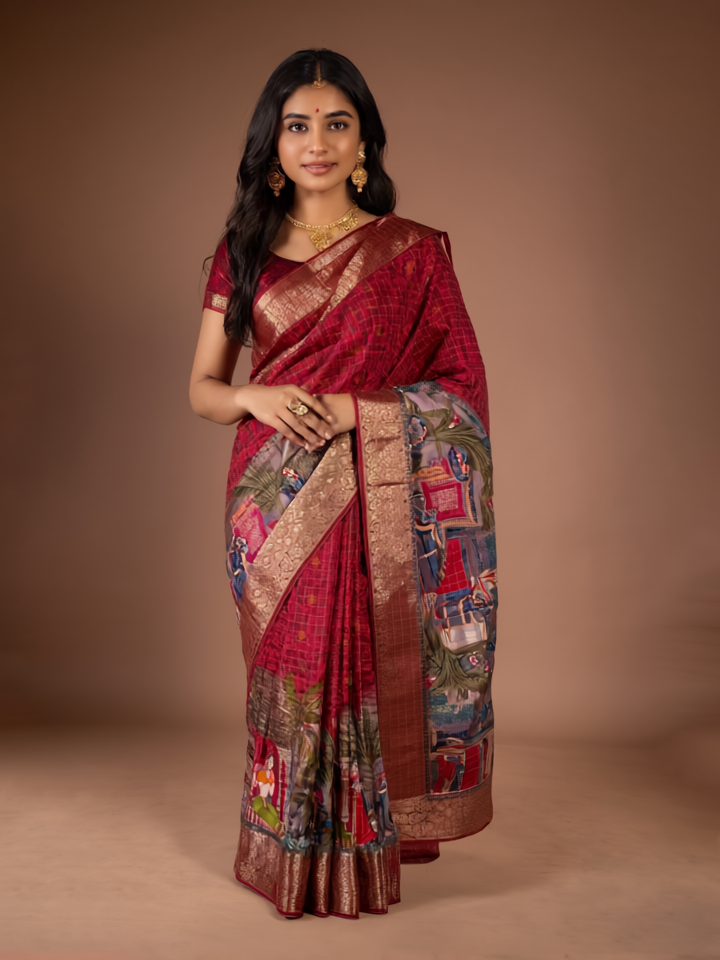 Maroon Banarasi Silk Saree with Majestic Palace Motifs - Royal Legacy, Woven in Threads
